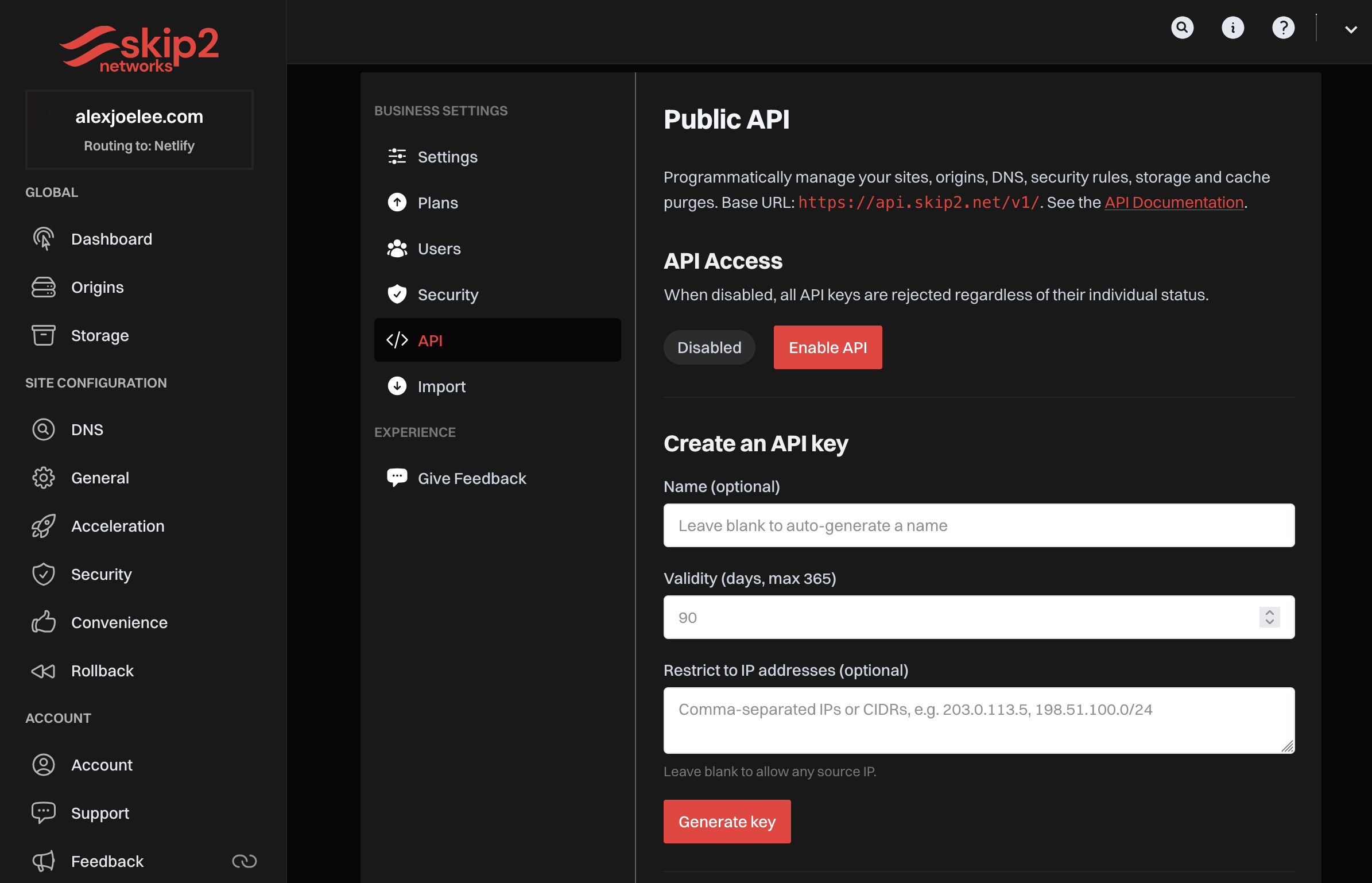API management settings page screenshot